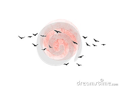 Red Sun and Flying Birds Isolated Cartoon Illustration