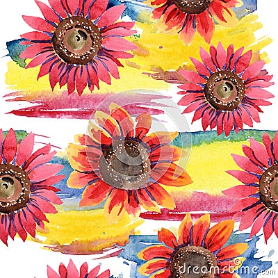 Red sunflower. Floral botanical flower. Seamless background pattern. Stock Photo