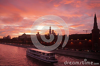 Red sunset above Moscow river Editorial Stock Photo