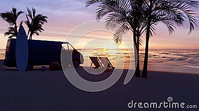 Red sunset over the endless sea. Red sky, yellow sun, palm trees, beautiful ocean and seascape. Concept of sea holidays Stock Photo