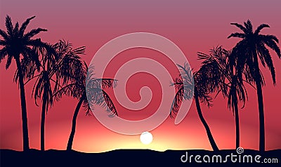 Red sunset and silhouettes of palm alley. Evening tropical beach on background setting sun. Vector Illustration
