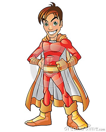 Red Super Boy Hero Cartoon Mascot Stock Photo