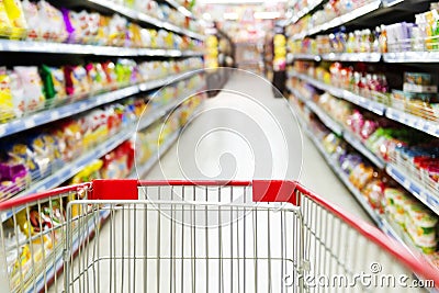 Red supermarket inside the empty shopping cart Stock Photo