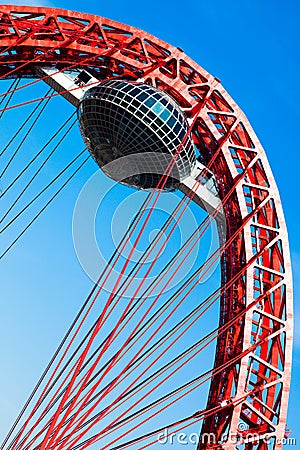 Red suspended bridge construction in Moscow Stock Photo