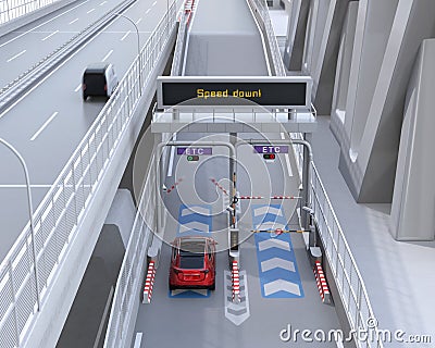 Red SUV passing through toll gate without stop by ETC Electronic Toll Collection System Stock Photo