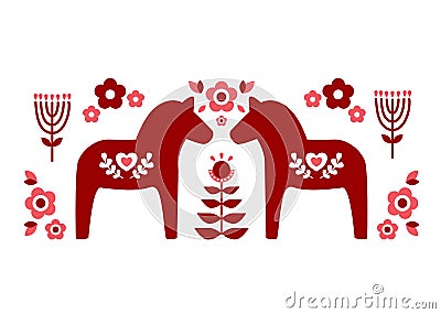 Red Swedish dala horse and red pink flower patterns illustrate vector Stock Photo