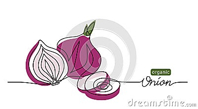 Red sweet onion vector sketch illustration, background. One line drawing art illustration with lettering organic onion Vector Illustration