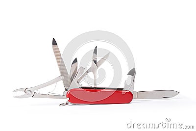 Red Swiss army knife isolated on white Stock Photo
