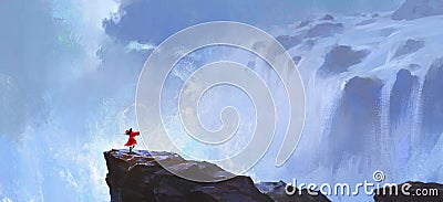 Red swordsman practicing in front of the waterfall, digital painting, 3D illustration Cartoon Illustration