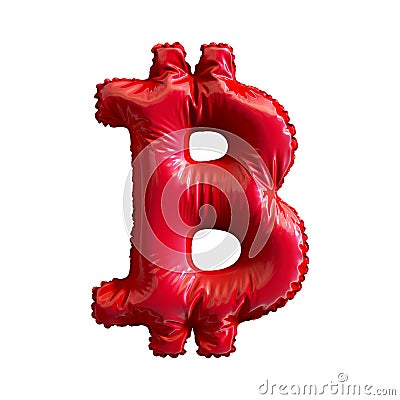 Red symbol bitcoin made of inflatable balloon isolated on white background Stock Photo