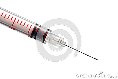 Red syringue needle on white background Stock Photo