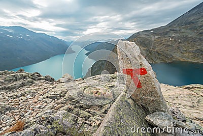 Red T at Besseggen Jotunheimen park Norway Stock Photo