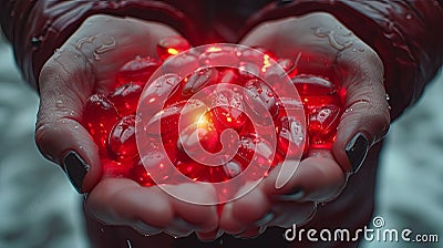 red tablets with liquid in people's hands, in the style of dark amber, babycore, back button focus. Generative AI Stock Photo
