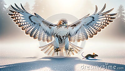 A Red-tailed Hawk about to catch a fleeing mouse in winter AI Generated Stock Photo