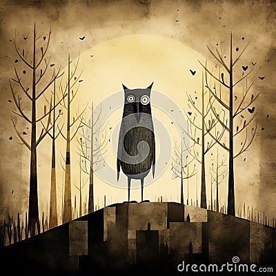 Whimsical Owl Walking On Hill: A Digital Illustration With Eerie Animal Symbolism Cartoon Illustration