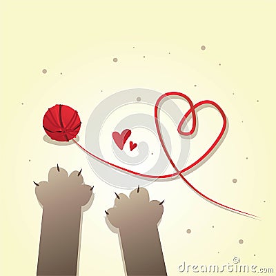 red tangle, cats paws and heart-shaped threads Vector Illustration