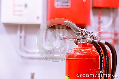 Red tank of fire extinguisher Overview of a powerful industrial fire extinguishing system Stock Photo