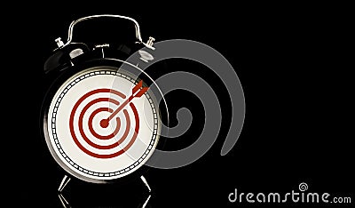 Red target board with arrow inside of alarm clock on black background and copy space , time and business target concept Stock Photo