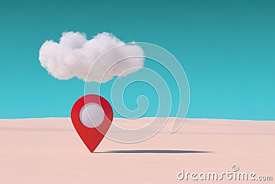 Red Target Map Pointer Pin under Cloud in Desert. 3d Rendering Stock Photo