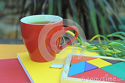 Red tea empty space mug mockup, outdoor photo Stock Photo