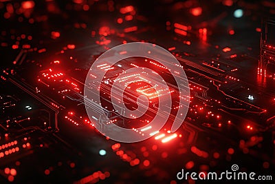 Red technology background: A tech-themed background in vibrant red featuring circuit patterns and digital designs. Stock Photo