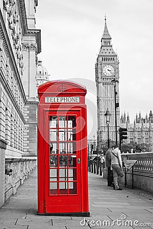 Red Telephone Booth and Big Ben in London Editorial Stock Photo