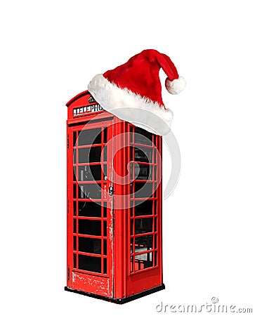 Red telephone box in London isolated on white background and with Santa Claus hat Stock Photo