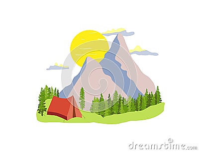 Red tent with forest and blue mountains in the background, sun, clouds. Simple flat design illustration isolated on whte backgroun Cartoon Illustration