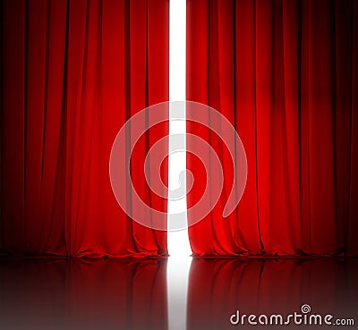 Red theater or cinema curtain slightly open and white light Stock Photo
