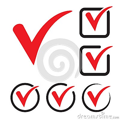 Red tick icon vector symbol, checkmark isolated on white background, checked icon or correct choice sign, check mark or checkbox p Vector Illustration