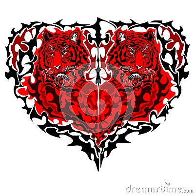 Red tiger heart. Two heart shaped tigers looking in different directions. Cartoon Illustration