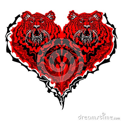 Red tiger heart. Two heart shaped tigers with open mouth. Cartoon Illustration