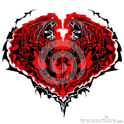 Red tiger heart with two roaring heart-shaped tigers Cartoon Illustration