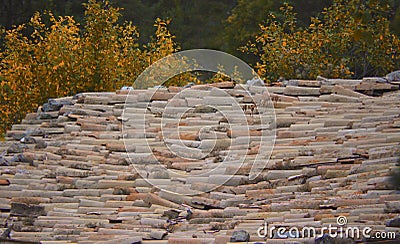 Red-tiled roof, clay, rich texture, ancient technology in countryside give insight into history of engineering & rural life A.D. Stock Photo