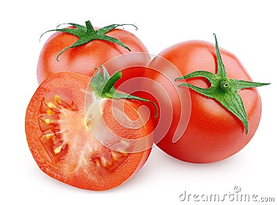 Red tomato vegetable with cut on white Stock Photo