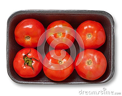 Red tomatoes in a plastick pack. Isolated. Stock Photo