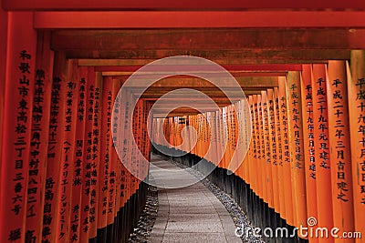 Red Tori Gate at Fushimi Inari Shrine in Kyoto, Japan Stock Photo