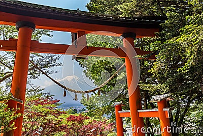 Red tori with Mount Fuji in the background at Chureito pagoda Stock Photo