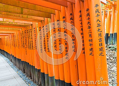 the red torii gates walkway at fushimi inari taisha shrine in Ky Stock Photo