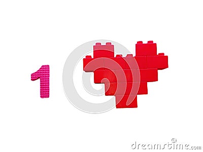 Red toy blocks heart and one number isolated on white background. Stock Photo