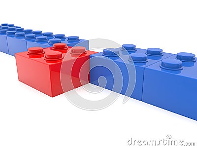 Red toy brick in one row with blue toy bricks Stock Photo