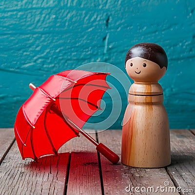 Red toy umbrella next to wooden doll, travel whimsy Stock Photo