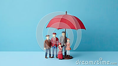 Red toy umbrella and wooden doll figures on a blue background. Insurance coverage concept. Generative Ai Stock Photo