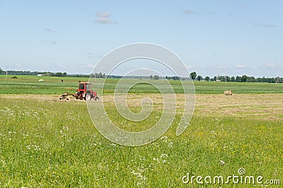 Red tractor ted hay dry grass in agriculture field Stock Photo