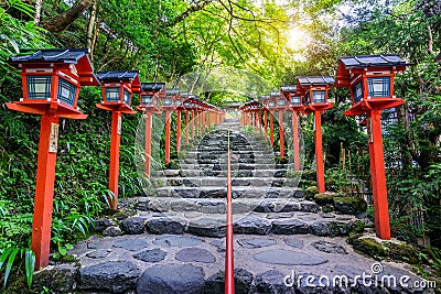 The red traditional light pole at Kifune shrine, Kyoto in Japan Stock Photo