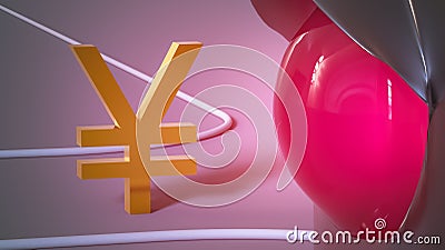 Red traffic light prohibits the movement of the gilded yen symbol. Close-up. Finance concept. Stock Photo