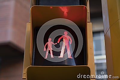 A red traffic light, in a school zone, Barcelona, Spain Stock Photo