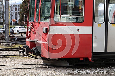 Red Tram During a Beautiful Spring Day in Nyon, Switzerland Editorial Stock Photo