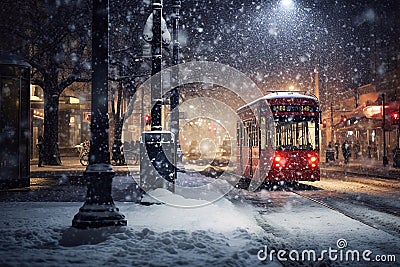 Red tram in the city at night in winter. Snowfall. Stock Photo