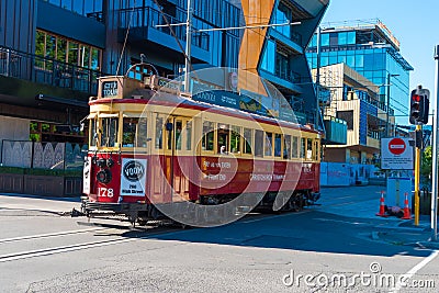 Red tram city tour in Christchurch, New Zealand Editorial Stock Photo